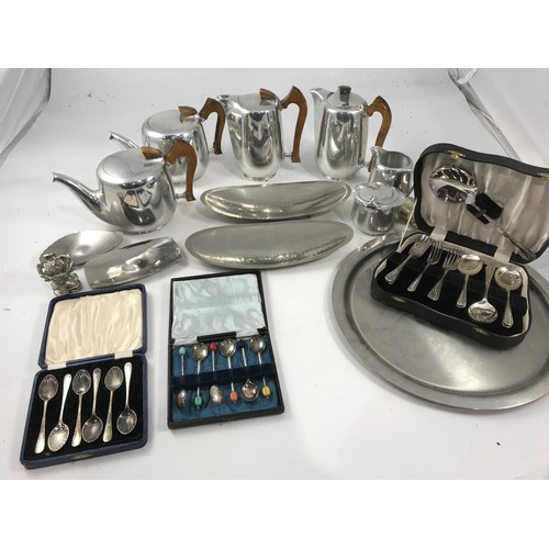 3260 - 6 PIECE PIQUOT WARE TEA SET, MISC. STAINLESS STEEL AND PLATED WARE ETC.