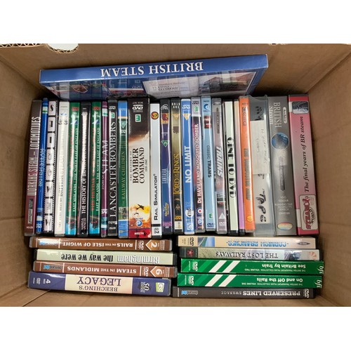 64 - BOX OF RAILWAY DVDS APPROX 30 PLUS SOME INCLUDING AVIATION AND LARGE BOX OF RAILWAY DVDS