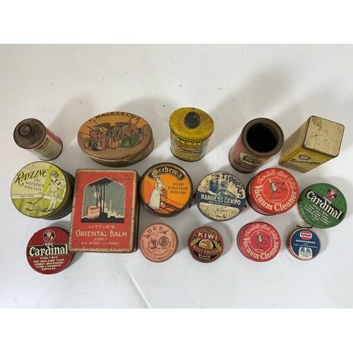 32 - BOX OF MISC OLD TINS INCLUDING PLYMOUTH SEA FIRE, NYE'S PARAGON FLOWER, ETC