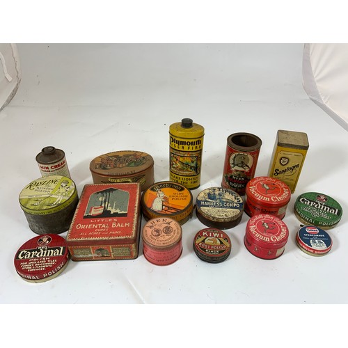 32 - BOX OF MISC OLD TINS INCLUDING PLYMOUTH SEA FIRE, NYE'S PARAGON FLOWER, ETC