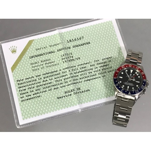 3653 - ROLEX GMT MASTER 1675 'PEPSI', RARE MODEL HAVING WIDE PEPSI DIAL AND POINTED CROWN GUARDS, RECENT SE... 