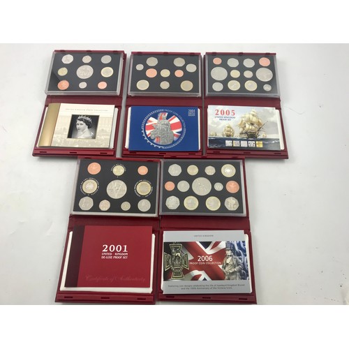 3642 - ROYAL MINT PRESENTATION COIN SETS, 2001, 2002, 2004, 2005, 2006, EACH IN THEIR PRESENTATION CASE WIT... 