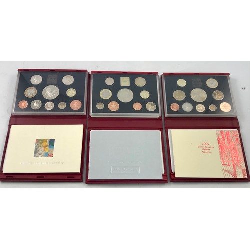 3641 - ROYAL MINT PROOF COIN SETS, 1997, 1998, 1999, ORIGINAL PRESENTATION CASES AND OUTER SLEEVES