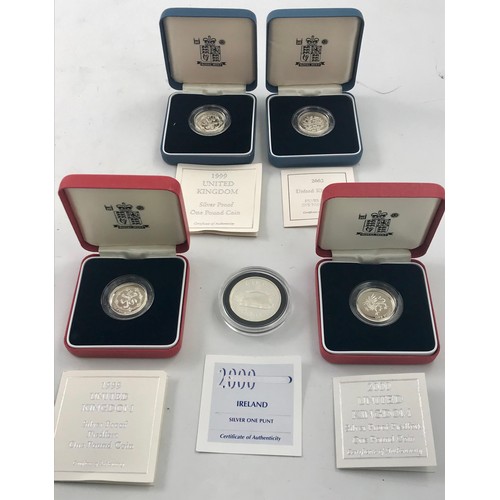 3645 - PIEDFORT AND 2 OTHER UK £1 SILVER PROOF COINS IN PRESENTATION CASES TOGETHER WITH A SILVER PROOF PUN... 