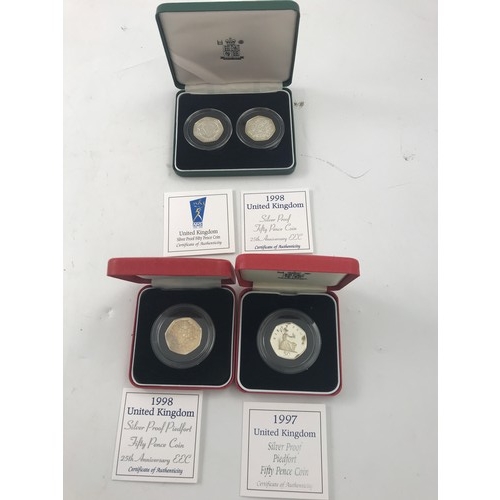 3644 - 2, PIEDFORT AND 2 OTHER SILVER PROOF 50P COINS IN PRESENTATION CASES