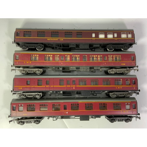 566 - LIMA 0 GAUGE MK 1 COACHES, X 3 LMS LIVERY X 1 MAROON LIVERY RESTAURANT CAR