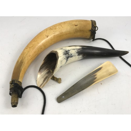 3064 - POWDER HORN WITH BRASS FITMENTS, ANOTHER HORN AND SHOE HORN