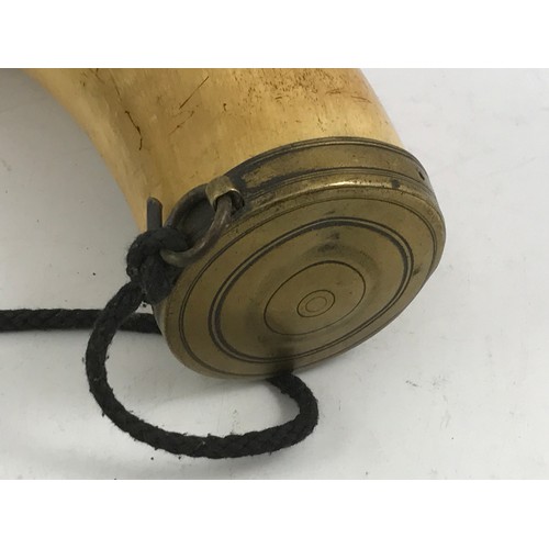 3064 - POWDER HORN WITH BRASS FITMENTS, ANOTHER HORN AND SHOE HORN