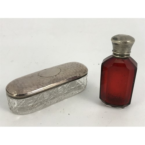 3640 - SILVER TOP OVAL DRESSING TABLE POT AND A RUBY GLASS PERFUME BOTTLE