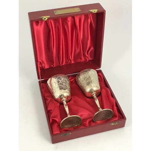 3417 - PAIR OF SILVER GOBLETS IN PRESENTATION CASE WITH INSCRIBED PLAQUE