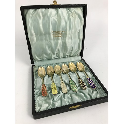 3404 - BOXED SET OF 6 DANISH COPENHAGEN SILVER GILT TEA SPOONS WITH COLOURED ENAMEL