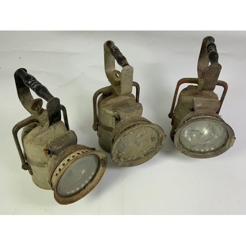 11 - THREE OLD RAILWAY HAND LAMPS CRESTELLY THE PREMIER LAMP CO LEEDS, OME MARKED BR(W)