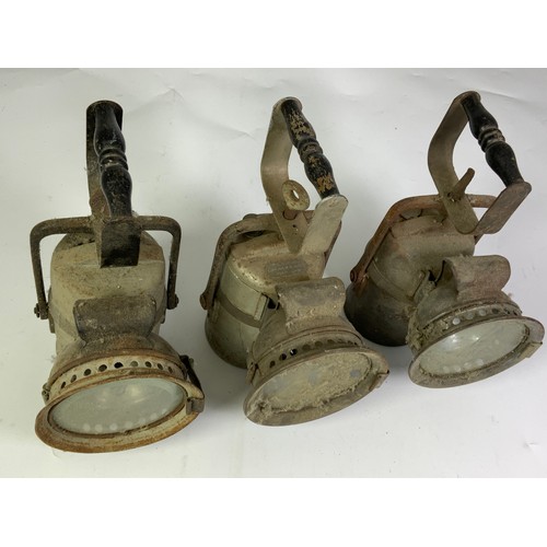 11 - THREE OLD RAILWAY HAND LAMPS CRESTELLY THE PREMIER LAMP CO LEEDS, OME MARKED BR(W)