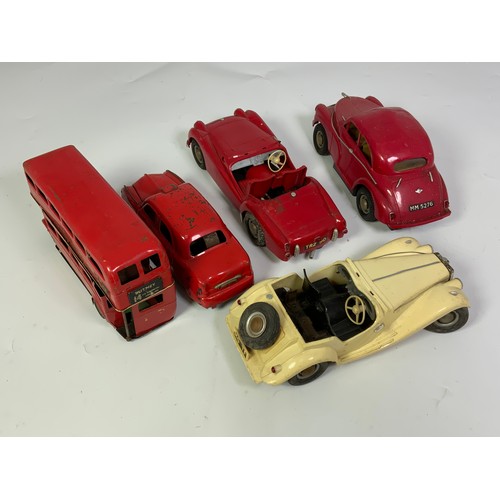 284 - A TRIANG MINIC TOYS DOUBLE DECKER TIN PLATE BUS WITH TIN PLATE AMERICAN TAXI AND 3 OTHER PLASTIC PAR... 