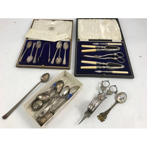 3419 - CASED SET  GOLDSMITHS OF 6 SILVER TEA SPOONS AND TONGS , CASED LOBSTER SET ETC.