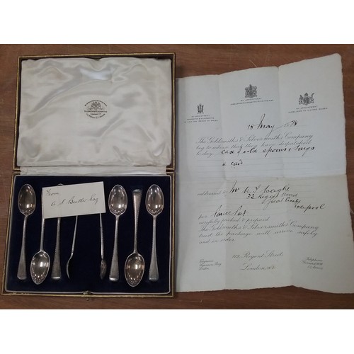 3419 - CASED SET  GOLDSMITHS OF 6 SILVER TEA SPOONS AND TONGS , CASED LOBSTER SET ETC.