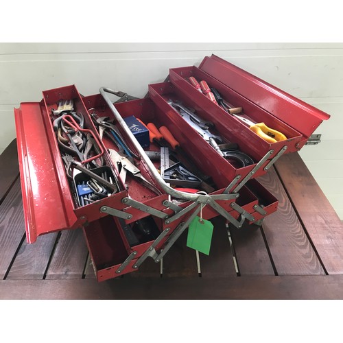 287 - RED HEAVY TOOL BOX WITH SELECTION OF PLIERS, SCREWDRIVERS, WRENCHES AND OTHER TOOLS