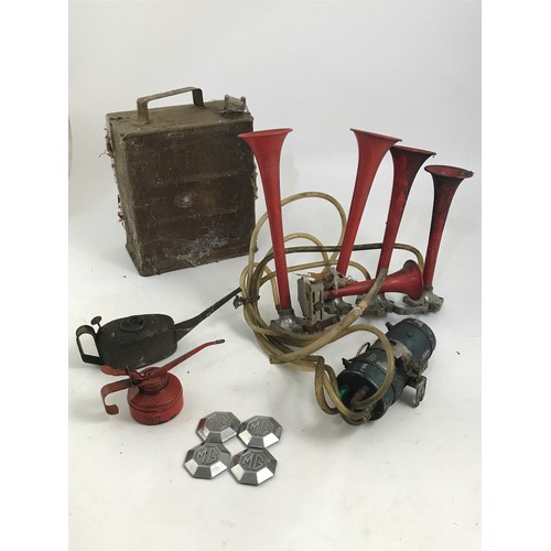 375 - VINTAGE PETROL CAN, AIR HORNS, OIL CANS AND MG BADGES