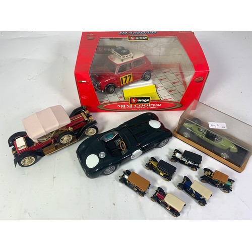 267 - BURAGO BOXED MINI COOPER DIAMOND 1:18 REF 34109, PLUS 1:18 120C, 1910 ROLLS ROYCE SILVER GHOST BY FR... 