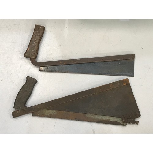 293 - 2 BOXES OF OLD PLANES, SAWS ETC. TOGETHER WITH A SCYTHE WITH 2 NEW BLADES