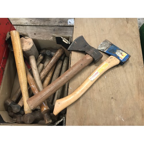 288 - BOX OF AXES, HAMMERS AND 2 CONTAINERS OF VARIOUS HAND SAWS