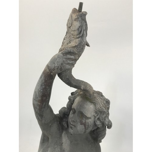 165 - *LATE ENTRY* AN ANTIQUE LEAD FOUNTAIN IN THE FORM OF A CHERUB WITH FISH, APPROX. 81 cm