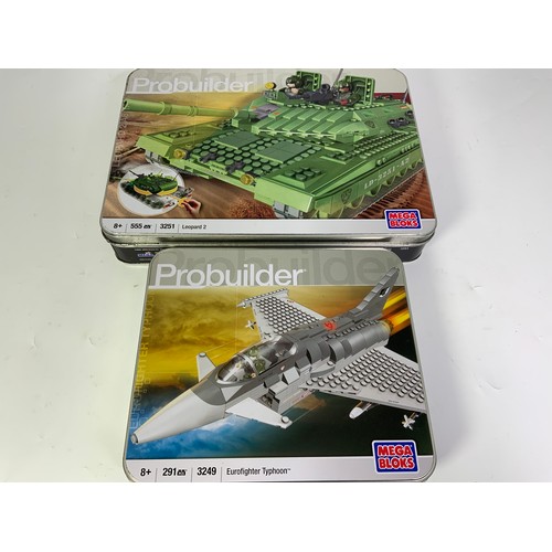 91 - MEGA BLOKS PROBUILDER, TIN EUROFIGHTER TYPHOON 3249 AND LEOPARD 2 3251, TINS UNSEALED, CONTENTS NOT ... 