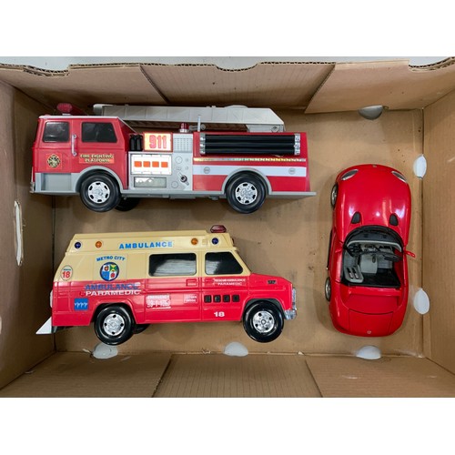 160 - 3 MODEL VEHICLES,  COMPRISING A BURAGO VIPER RT10 CAR, LARGE SCALE PLASTIC FIRE FIGHTING PLATFORM FI... 