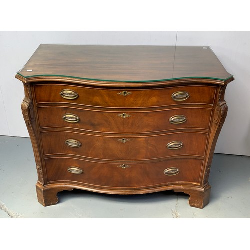 78 - SERPENTINE FRONT CHEST OF 5 DRAWERS, BRASS EFFECT DROP HANDLES, CANTERED CORNERS