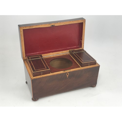 396 - REGENCY STYLE INLAID MAHOGANY TEA CADDY WITH PARTLY FITTED INTERIOR