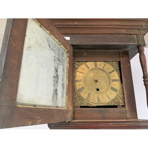 292 - 30 HOUR LONGCASE CLOCK, BRASS FACE AND SPANDRELS BY WM. KENYON, LIVERPOOL