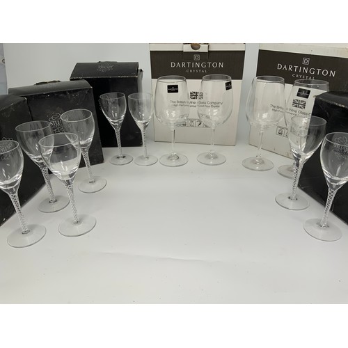 106 - SET OF 8 BOXED STUART CRYSTAL AIR TWIST WINE GLASSES TOGETHER WITH 4 BOXED DARTINGTON CRYSTAL WINE G... 