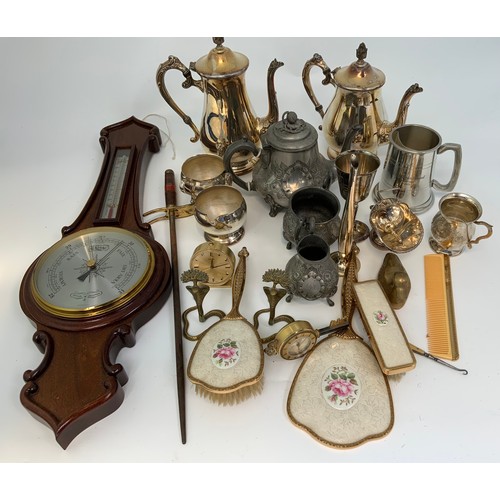 303 - BOX OF MISC. TO INC. BAROMETER, PLATED WARE, PEWTER, BRASSWARE ETC.