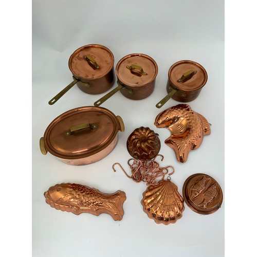 304 - GRADUATED SET OF 3 HEAVY COPPER AND BRASS SAUCE PANS PLUS COPPER AND BRASS TUREEN AND FOUR COPPER JE... 