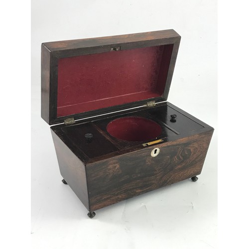 412 - ROSEWOOD SARCOPHAGUS SHAPED TEA CADDY WITH HINGED LID