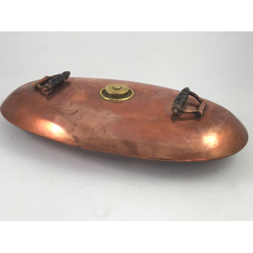 309 - LARGE ANTIQUE COPPER AND BRASS FOOT WARMER OR BED WARMER OF OVAL FORM APPROX. 65 X 35CMS