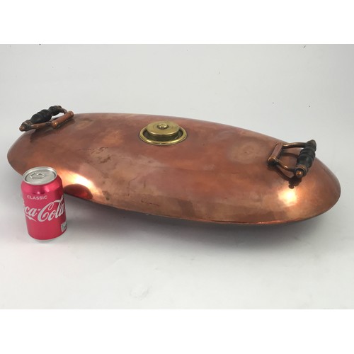 309 - LARGE ANTIQUE COPPER AND BRASS FOOT WARMER OR BED WARMER OF OVAL FORM APPROX. 65 X 35CMS