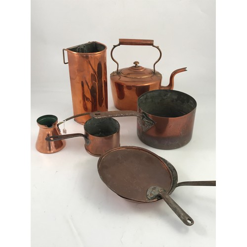 330 - MISC. COPPER AND BRASS WARE INCLUDING COPPER KETTLE, SAUCEPAN, SKILLET ETC.