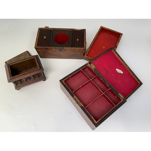 413 - MAHOGANY TEA CADDY A/F T/W AN INLAID BOX AND A CARVED BOX