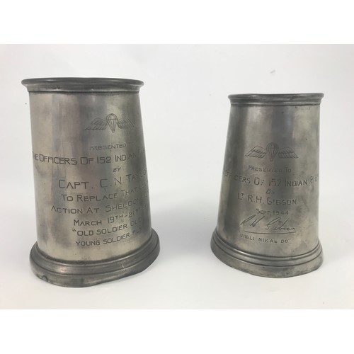 477 - KETTLE ON STAND PEWTER TEA POT AND MISC. PEWTER TANKARDS INCLUDING PARACHUTE INSCRIPTION