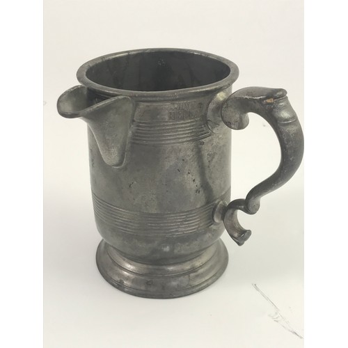 477 - KETTLE ON STAND PEWTER TEA POT AND MISC. PEWTER TANKARDS INCLUDING PARACHUTE INSCRIPTION