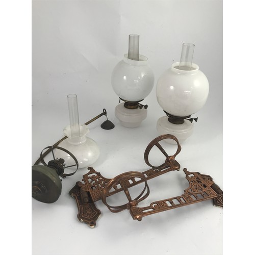 327 - MISC. OIL LAMPS INC. PR. WALL MOUNTED LAMPS WITH HINGED BRACKETS ETC.