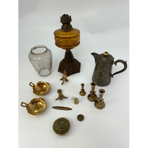 324 - A OIL LAMP WITH GLASS RESERVOIR CAST BASE PLUS PEWTER COFFEE POT SUNDRY BRASS WEIGHTS ETC