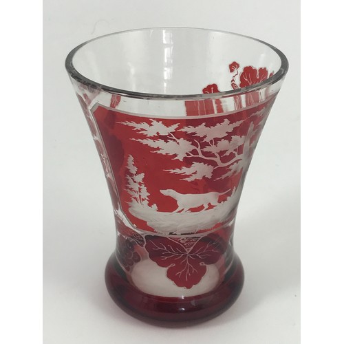 129 - GLASSWARE INCLUDING GLASS LUSTRES, CRANBERRY GLASS JUG FLASHED GLASS BEAKER AND PAIR OF HYACINTH VAS... 