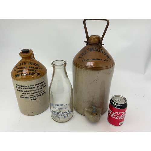 288 - 2 STONEWARE JARS AND AN OLD MILK BOTTLE