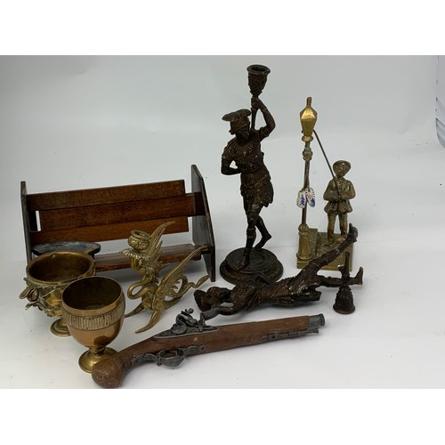 334 - QUANTITY OF BRASS INC BOWLS, PAIR OF SPELTER CANDLESTICK HOLDERS AF, AND AN EXTENDING TREEN BOOK CAS... 