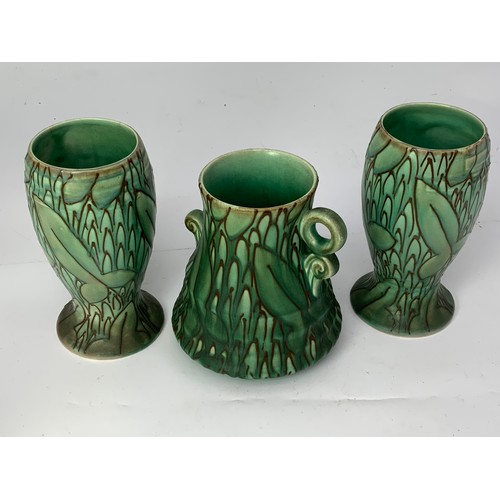 232 - THOMAS FORESTER ART DECO TUBE LINED  ‘VERDANT’ PATTERN TRIO OF VASES.