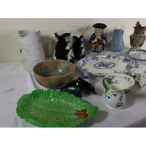 187 - MISC. CHINA AND PORCELAIN INCLUDING CARLTONWARE, POOLE DOLPHIN, VICTORIAN RELIEF DECORATED JUG, TOBY... 