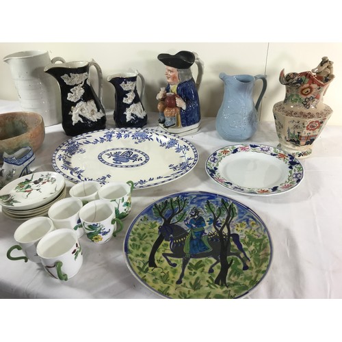 187 - MISC. CHINA AND PORCELAIN INCLUDING CARLTONWARE, POOLE DOLPHIN, VICTORIAN RELIEF DECORATED JUG, TOBY... 