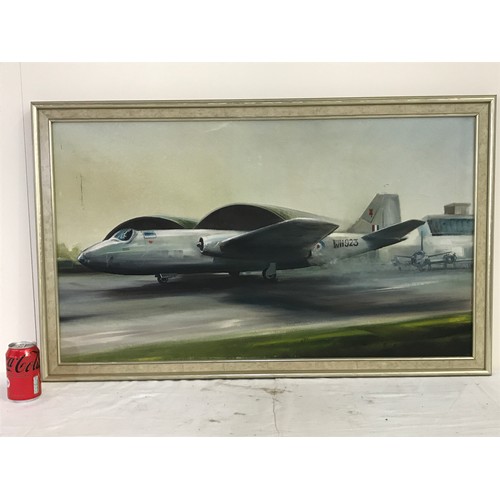 8 - OIL ON CANVAS DEPICTING AN ENGLISH ELECTRIC CANBERRA AIRCRAFT INDISTINCTLY SIGNED DION PEARSON